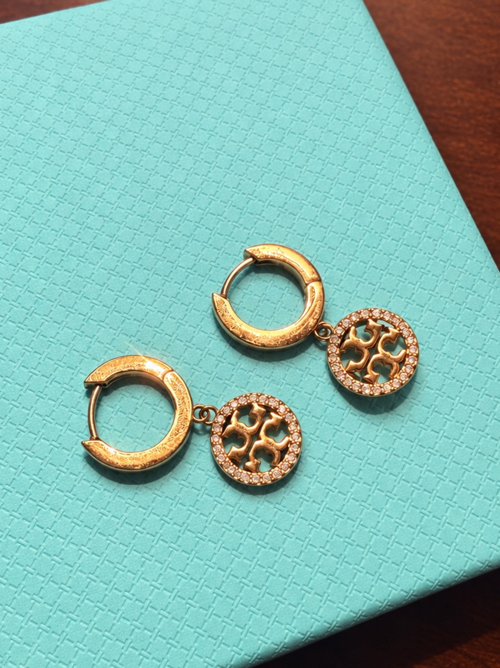 Tory Burch Miller Pavé Crystal Logo Drop Huggie Hoop Earrings Gold